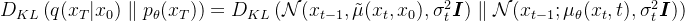 D_{KL}\left ( q(x_{T}| x_{0})\parallel p_{\theta}(x_{T}) \right ) = D_{KL}\left ( \mathcal{N}(x_{t-1}, \tilde{\mu }(x_{t},x_{0}), \sigma_{t}^{2}\boldsymbol{I}) \parallel \mathcal{N}(x_{t-1}; \mu _{\theta}(x_{t}, t), \sigma_{t}^{2}\boldsymbol{I}) \right )