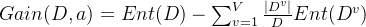 Gain(D,a) = Ent(D)-\sum_{v=1}^V\frac{|D^{v}|}{D}Ent(D^{v})