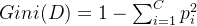 Gini(D)=1-\sum_{i=1}^{C}p_{i}^{2}