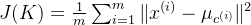 J(K) = \frac{1}{m} \sum_{i=1}^m \|x^{(i)} - \mu_{c^{(i)}}\|^2