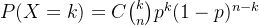 P(X=k) = C{k\choose n} p^k (1-p)^{n-k}