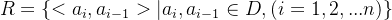 R=\left \{ < a_{i},a_{i-1}> | a_{i},a_{i-1}\in D,(i=1,2,...n) \right \}