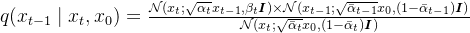 q(x_{t-1}\mid x_{t}, x_{0}) = \frac{\mathcal{N}(x_{t}; \sqrt{\alpha _{t}}x_{t-1}, \beta _{t} \boldsymbol{I}) \times \mathcal{N}(x_{t-1}; \sqrt{\bar{\alpha }_{t-1}}x_{0}, (1-\bar{\alpha }_{t-1})\boldsymbol{I})}{\mathcal{N}(x_{t}; \sqrt{\bar{\alpha }_{t}}x_{0}, (1-\bar{\alpha }_{t})\boldsymbol{I})}