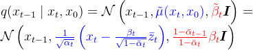 q(x_{t-1}\mid x_{t},x_{0}) = \mathcal{N}\left ( x_{t-1}, {\color{blue} \tilde{\mu }(x_{t},x_{0})}, {\color{red} \tilde{\beta }_{t}}\boldsymbol{I} \right )=\mathcal{N}\left ( x_{t-1}, {\color{blue} \frac{1}{\sqrt{\alpha _{t}}}\left ( x_{t} - \frac{\beta _{t}}{\sqrt{1-\bar{\alpha }_{t}}}\bar{z}_{t} \right )}, {\color{red} \frac{1-\bar{\alpha }_{t-1}}{1-\bar{\alpha }_{t}}\beta _{t}} \boldsymbol{I} \right )