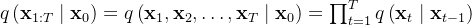 q\left(\mathbf{x}_{1: T} \mid \mathbf{x}_{0}\right)=q\left(\mathbf{x}_{1}, \mathbf{x}_{2}, \ldots, \mathbf{x}_{T} \mid \mathbf{x}_{0}\right)=\prod_{t=1}^{T} q\left(\mathbf{x}_{t} \mid \mathbf{x}_{t-1}\right)