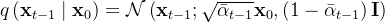 q\left(\mathbf{x}_{t-1} \mid \mathbf{x}_{0}\right)=\mathcal{N}\left(\mathbf{x}_{t-1} ; \sqrt{\bar{\alpha}_{t-1}} \mathbf{x}_{0},\left(1-\bar{\alpha}_{t-1}\right) \mathbf{I}\right)