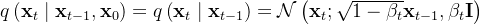 q\left(\mathbf{x}_{t} \mid \mathbf{x}_{t-1}, \mathbf{x}_{0}\right)=q\left(\mathbf{x}_{t} \mid \mathbf{x}_{t-1}\right)=\mathcal{N}\left(\mathbf{x}_{t} ; \sqrt{1-\beta_{t}} \mathbf{x}_{t-1}, \beta_{t} \mathbf{I}\right)